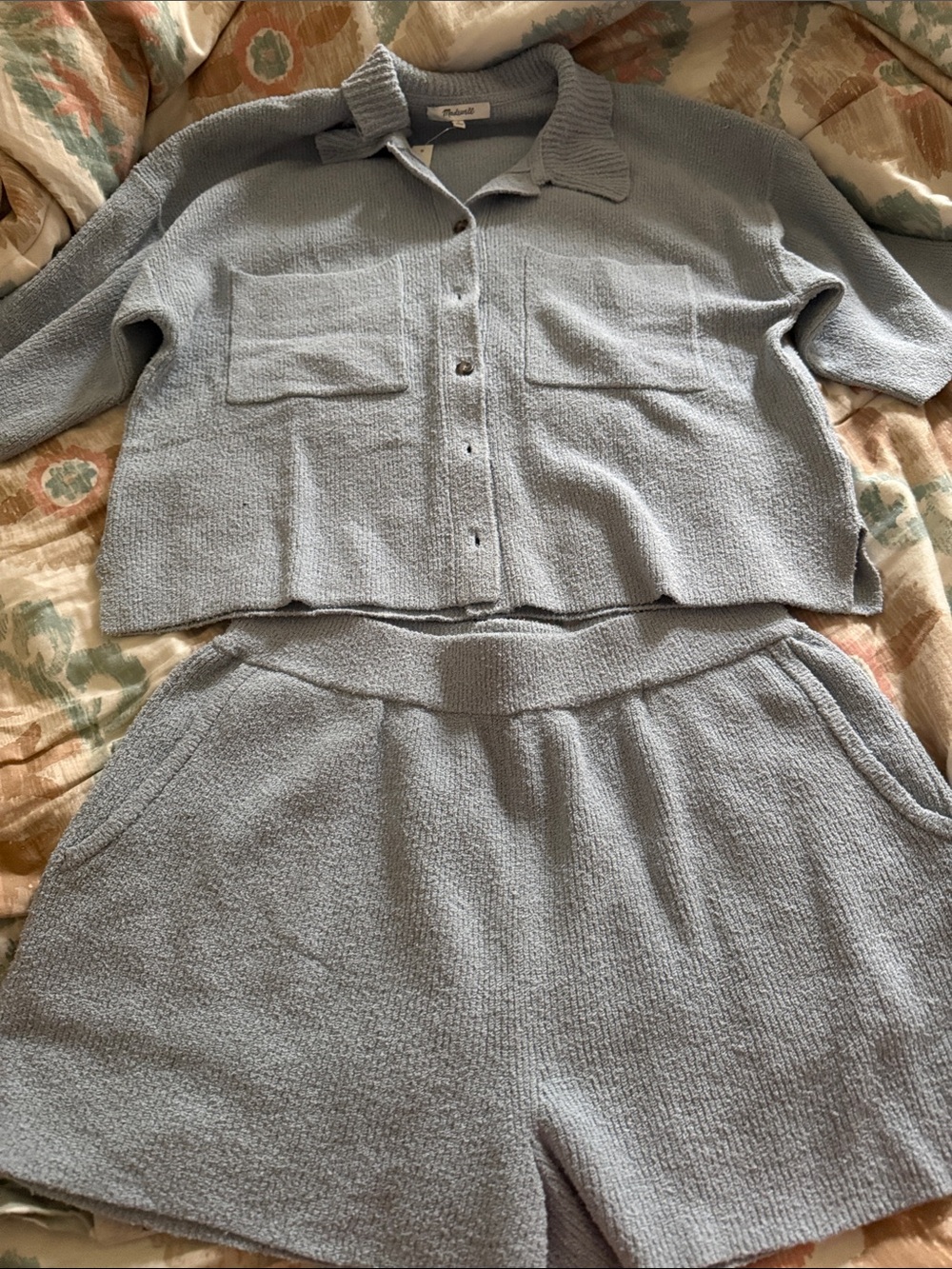 Madewell Light Blue Knit Button-Front Cardigan & Shorts Set